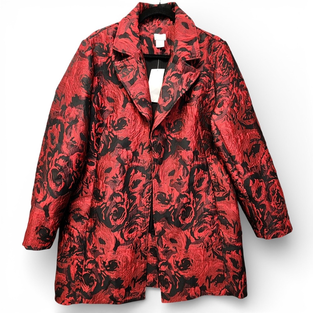 Chico's Wild Poppy Rose Jacquard Topper Jacket Red‎ Black Size 2 US 12/14 NEW - Picture 2 of 12